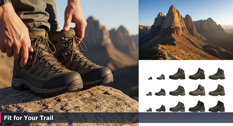 Hands adjusting hiking boots on a rock with the Organ Mountains in the background, representing the choice of AI bootcamps in Las Cruces.