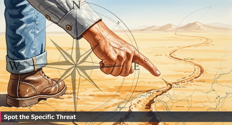 A desert guide points to a subtle rattlesnake track in the sand, symbolizing the hyper-specific cybersecurity knowledge needed in Las Cruces's job market.
