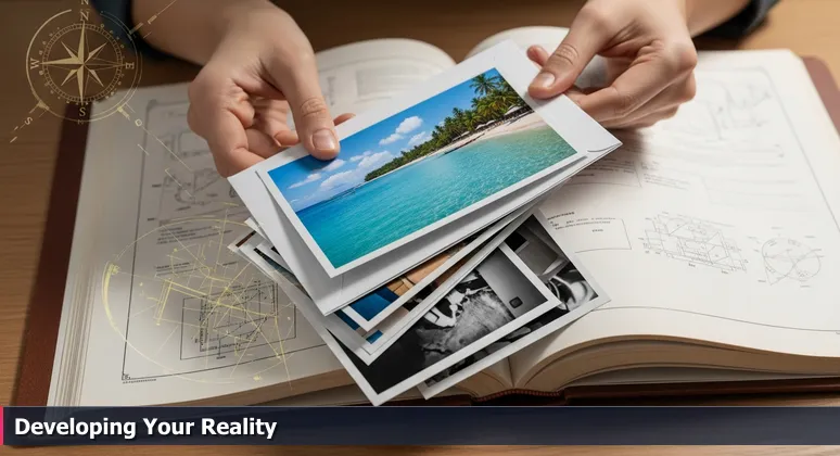 Hands holding developed photos with a perfect landscape on top and blurry images below, symbolizing the hidden realities behind salary numbers in Las Cruces.