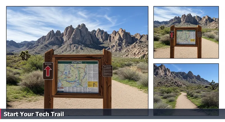 A wooden trailhead kiosk with a detailed map showing 'YOU ARE HERE' at Organ Mountains Desert Peaks, symbolizing free tech training opportunities in Las Cruces for aspiring professionals.