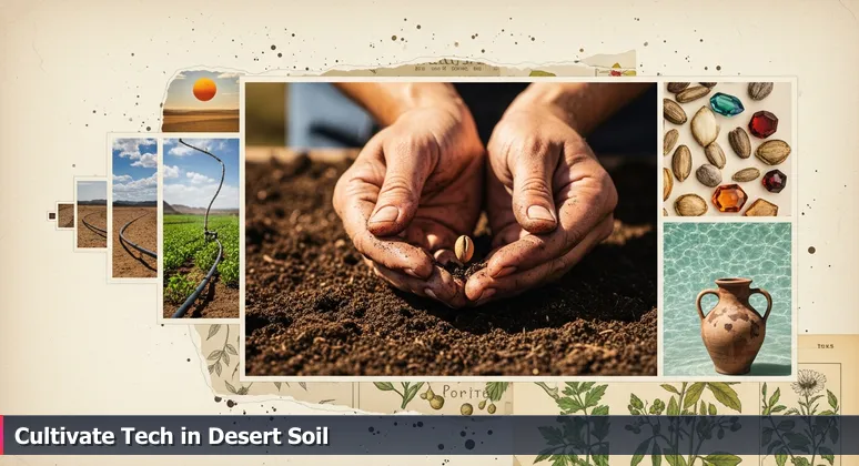 Hands planting a seed in dark soil with the Las Cruces desert and a green garden plot in the background, symbolizing tech growth.