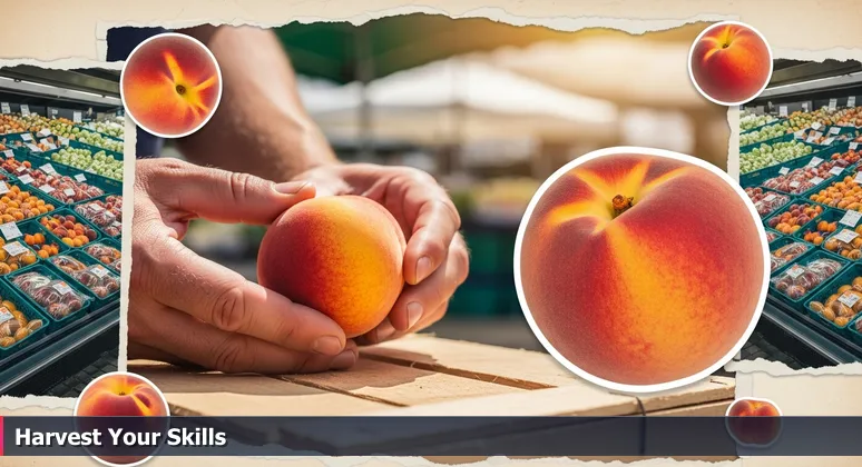 Hands gently feeling a ripe peach at a sun-dappled farmer's market stall, with blurred supermarket shelves in the background, symbolizing skills-based hiring in Las Cruces tech.