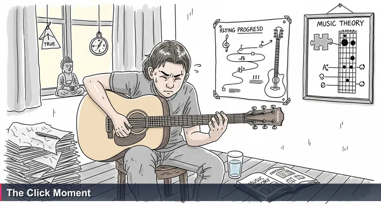 Young person in Bangkok shophouse practicing guitar, sweat on forehead, determined expression, representing the struggle of learning AI.