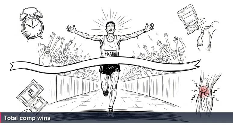 Runner crossing finish line at Bangkok Marathon at Sanam Luang with timer showing 3:14:52, representing how salary figures hide the full compensation story.