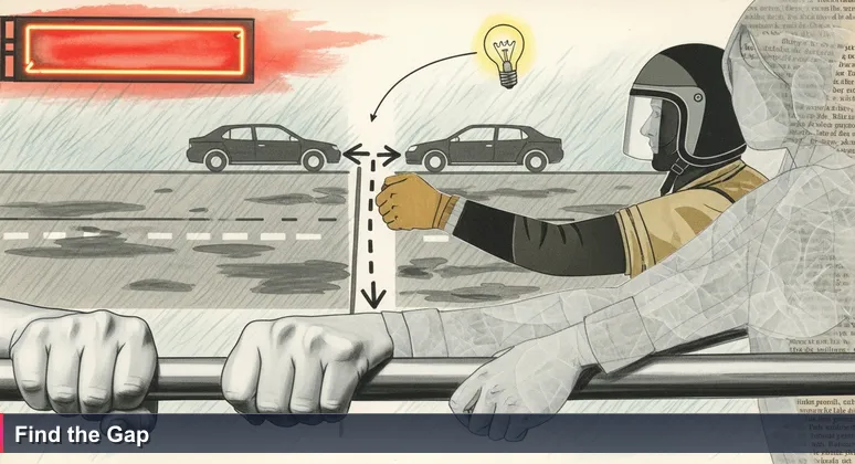 Hands gripping a Bangkok motorcycle taxi’s grab bar, view through rain-slicked windshield showing gap between cars, driver’s elbow and helmet visible, blurry neon sign, passenger’s white knuckles leaning forward.