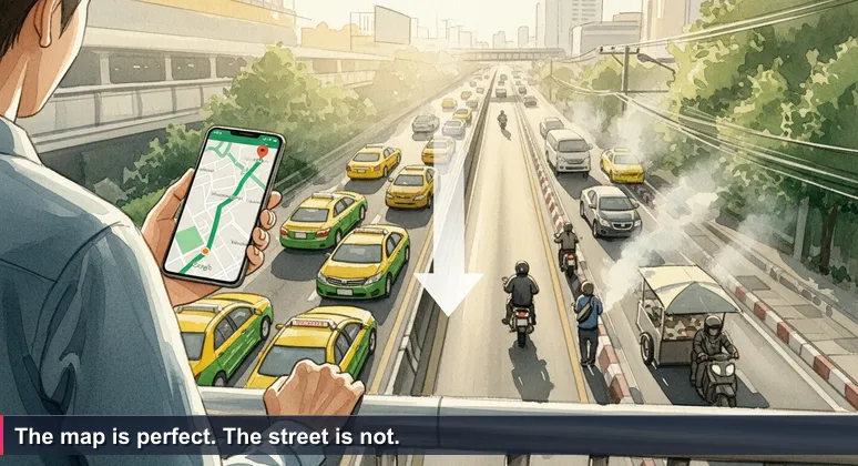 Person standing at Asok BTS overpass looking at traffic jam while holding phone with map route