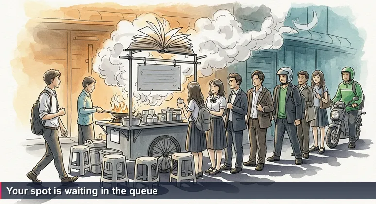 In a Bangkok alley, a long queue at a no-frills street stall with handwritten Thai menu. Office workers and students wait, representing the hidden funding opportunities for tech training.