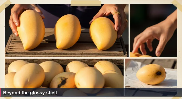 Hands of a Thai market vendor sorting mangoes, one bruised mango set aside, symbolizing overlooked value in AI startup rankings.