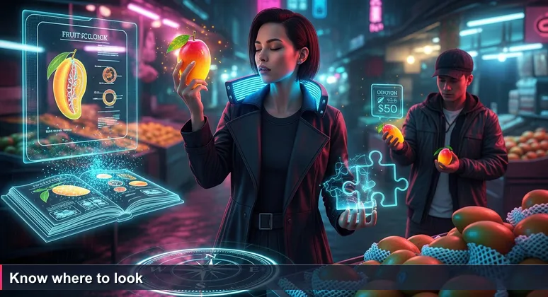 Woman at Bangkok fruit market carefully selecting a mango, with another shopper grabbing blindly, illustrating hidden value differences in AI job offers.
