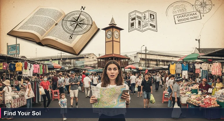 A woman stands lost at Chatuchak Market in Bangkok, holding a crumpled map and phone, surrounded by vendors and shoppers under a hot afternoon sun.