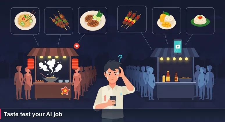 A young professional at a Bangkok night market, torn between two food stalls - one with a Michelin sticker, one with a viral TikTok - symbolizing the choice of an AI job in Thailand.