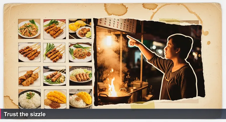 Young person at a Bangkok street food stall, pointing at menu but focusing on vendor tossing noodles in a flaming wok.