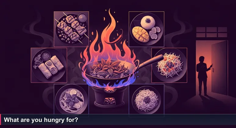 A young professional standing at a Bangkok street food market, overwhelmed by choices, phone in hand, representing the dilemma of choosing a tech bootcamp.