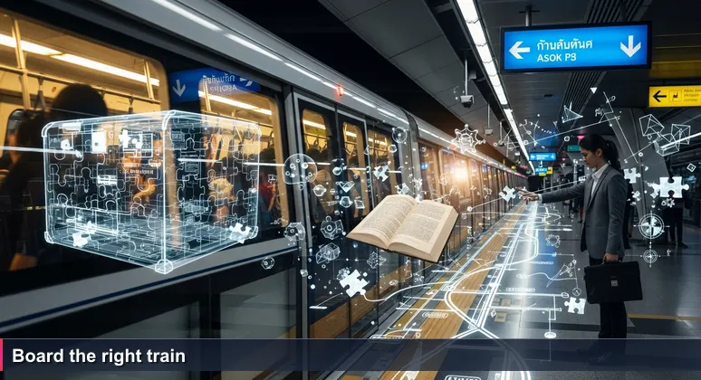 A young professional at BTS Asok station during evening rush hour watches as train doors close, missing the packed train.