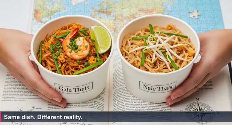 Two hands holding identical white takeaway containers with pad thai. One container has a shrimp, lime wedge, and chives; the other is dry and plain.