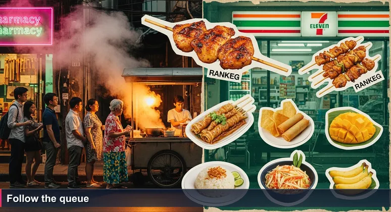 Steam rising from an unmarked food cart on a Bangkok soi, with a queue of locals holding cash, symbolizing hidden quality.