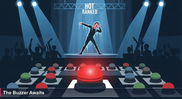 A red buzzer on a talent show judge's table glowing under hot studio lights, with a contestant frozen mid-performance and the audience in suspense.