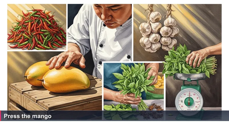 A chef's hand pressing a ripe mango at Or Tor Kor market in Bangkok, with blurred background of market stalls.