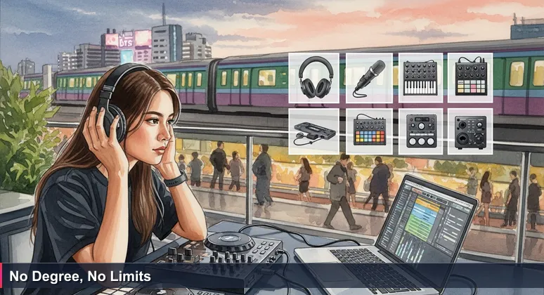 A young Thai woman at a Bangkok rooftop bar, laptop open to code, no diploma in sight, symbolizing skills-first hiring in Thailand's tech scene