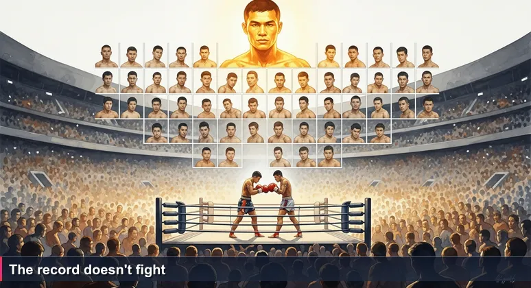 Muay Thai fighters touching gloves in a Bangkok stadium ring, with a 50-0 record displayed on screen above, representing the allure of perfect rankings.