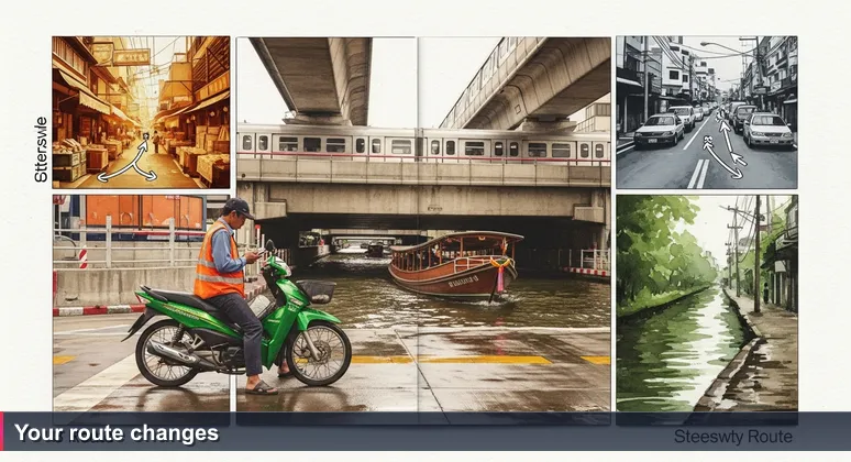 A motorcycle taxi driver in an orange vest at a Bangkok intersection, with a BTS train above and a canal boat behind, representing the choice of the best route
