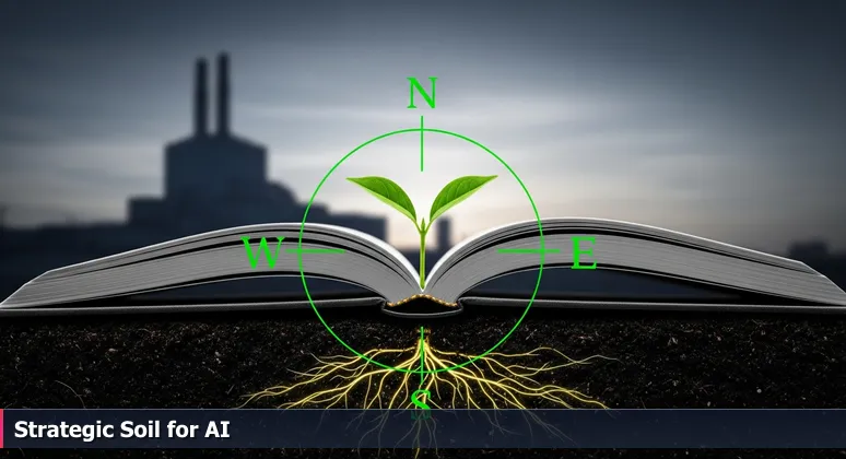 A green sprout emerging from dark soil with a blurred aerospace factory in the background, symbolizing AI career growth in Greensboro, North Carolina.