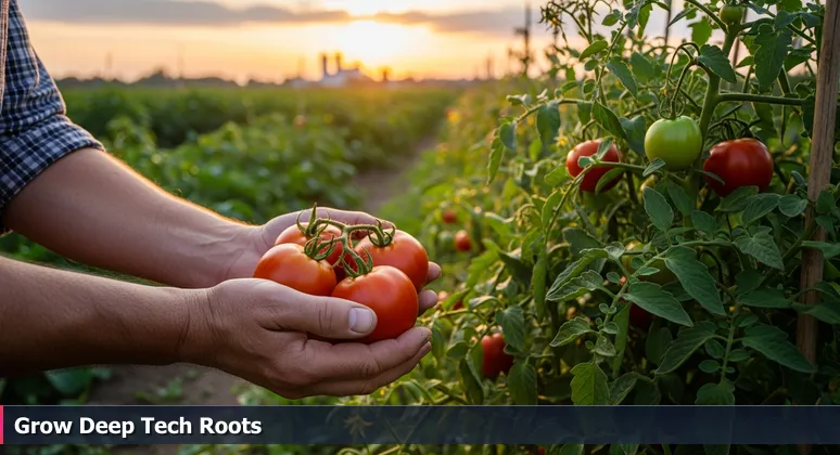Weathered hands harvesting ripe tomatoes in a lush home garden at dawn, with a distant industrial farm silhouette, symbolizing Greensboro's tech career growth and balance.