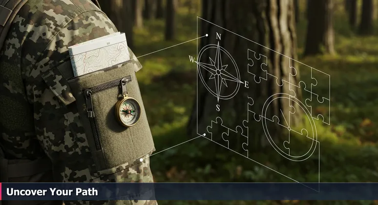 A camouflage uniform blending into a forest with a hidden map and compass pocket, symbolizing undiscovered funding for tech training in Greensboro, NC.