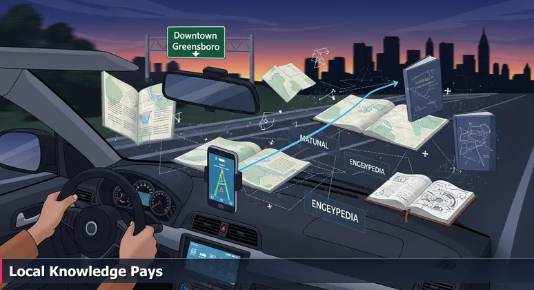 Hands on a steering wheel with a GPS display showing a route, missing the Greensboro exit at dusk, symbolizing the need for local AI salary insights.