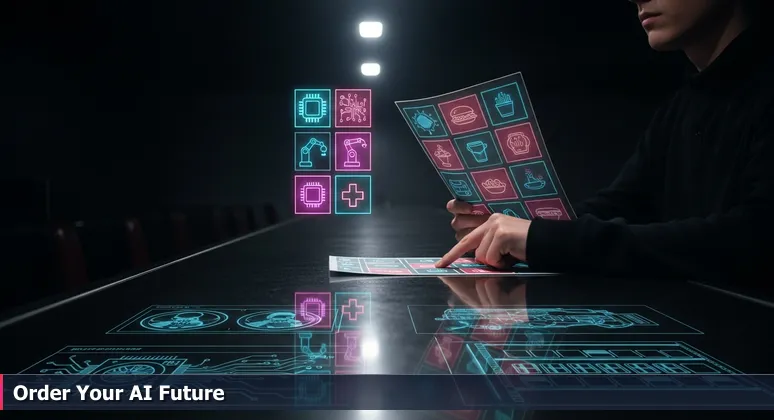 A person at a Greensboro diner counter reading a menu with reflections of AI concepts like circuit boards and medical scans, symbolizing career choices in AI engineering.