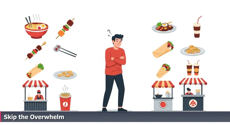 A person overwhelmed in a bustling food court with tech career signs, illustrating choice paralysis for Greensboro's 2026 tech job seekers.