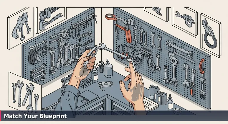 Close-up of mechanic's grease-stained hands hesitating between two specialized wrenches on a crowded pegboard in a Greensboro auto shop, symbolizing the choice of AI bootcamps.