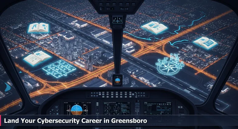 A pilot's cockpit view at night over Greensboro, with cybersecurity data on the instrument panel and city lights highlighting key job sectors like defense and healthcare.