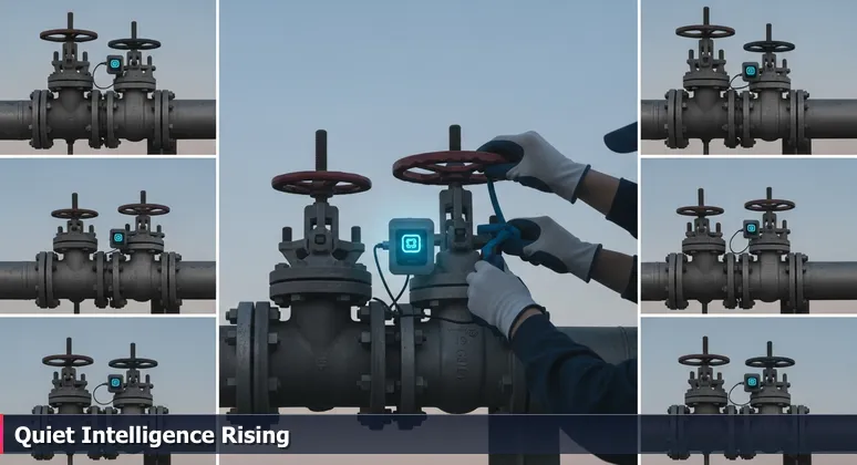A worker's hands at dusk adjusting a valve on industrial pipes with a glowing blue AI sensor at Greensboro Water Treatment Plant, symbolizing AI integration into essential infrastructure.