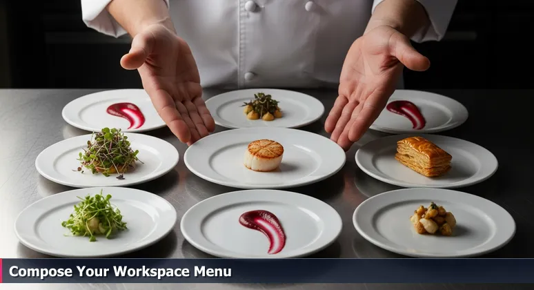 Chef's hands arranging ten small tasting plates with diverse ingredients on a stainless steel counter, symbolizing the curation of Greensboro's tech coworking spaces.