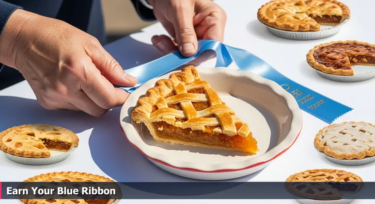 A judge's hands placing a blue ribbon on a homemade pie at a county fair, symbolizing merit over degree in Greensboro's tech job market.