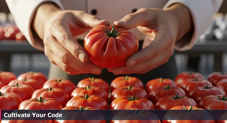 A chef's hands carefully selecting a ripe heirloom tomato at the Greensboro Farmers Curb Market, symbolizing discernment in choosing the right startup for junior developers.
