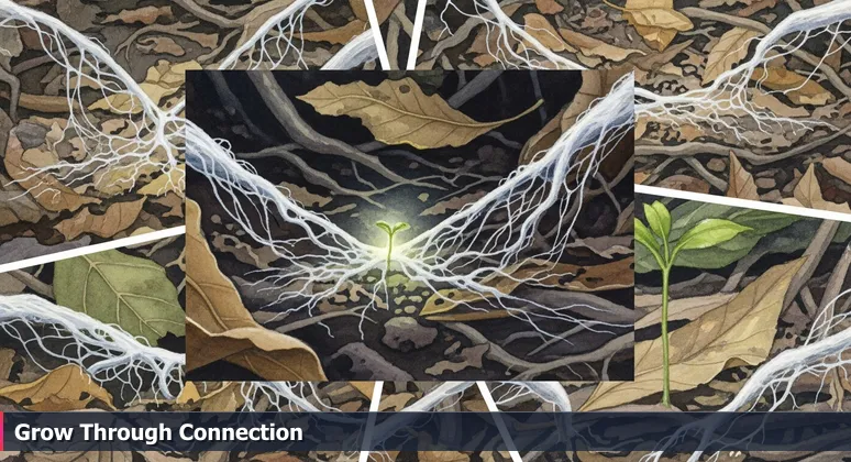 Macro photograph of white mycelium threads connecting tree roots on a forest floor, symbolizing interconnected tech networks for women in Greensboro, NC.