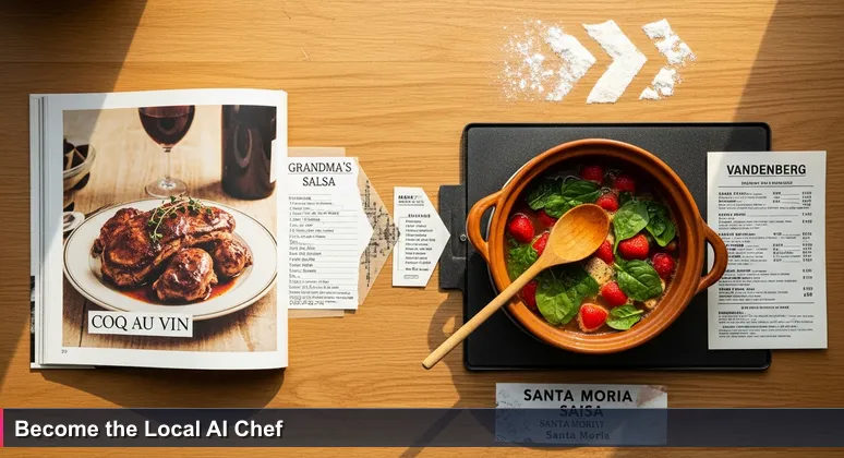 A kitchen counter with a cookbook open to a generic recipe and a pot of stew made with local Santa Maria strawberries and spinach, representing adapting AI skills to the Central Coast.