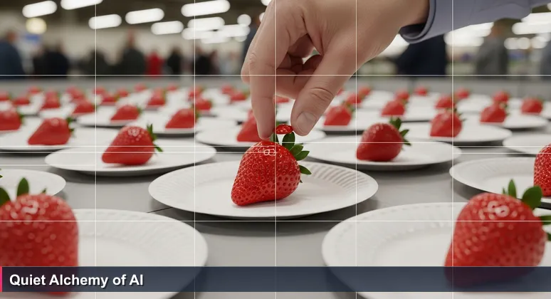 A judge's hand inspecting a strawberry at the Santa Maria Fair, symbolizing the ranking of AI startups in the Central Coast.