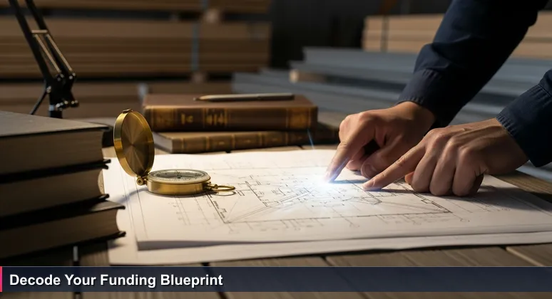 Close-up of hands tracing lines on a detailed architectural blueprint with blurred construction materials in the background, symbolizing planning tech training funding in Santa Maria, CA