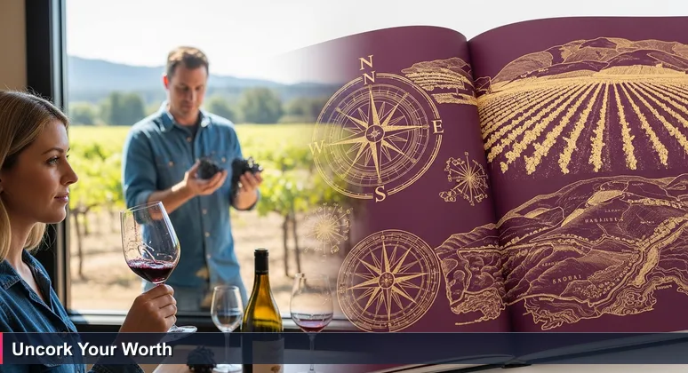 A person in a Santa Maria winery tasting room examines a wine bottle price tag, with a winemaker holding grapes in the sunny vineyard background.