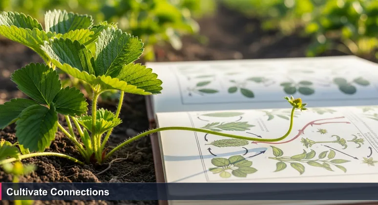A close-up of a strawberry plant in a Santa Maria field, with a slender runner extending to new soil, symbolizing AI networking and community growth for 2026.