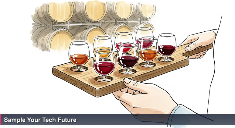 Hands holding a wooden wine flight paddle with six numbered glasses in a Santa Maria tasting room, symbolizing exploration of tech career paths through apprenticeships and internships.