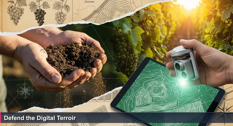 A vintner's hands holding soil and a digital GPS sensor, with grapevines in the background, symbolizing the integration of agriculture and cybersecurity in Santa Maria.