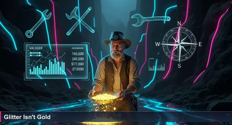 Gold prospector in a California stream with a pan full of gold, looking dismayed at a ledger showing high living costs, symbolizing the affordability challenge in Santa Maria.