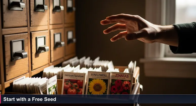 A hand hovering over a community seed library with drawers labeled for tech skills, representing free training opportunities in Santa Maria, California.