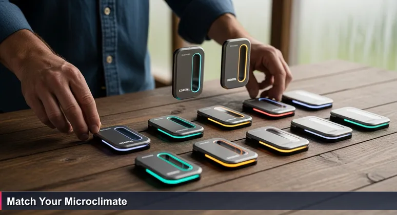 Close-up of weathered hands sorting seed packets labeled for microclimates like 'Coastal Fog-Tolerant' on a wooden table at dawn.