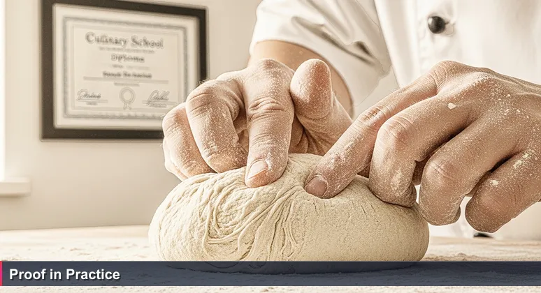 Close-up of hands testing dough with a diploma blurred in background, symbolizing skills over credentials for tech jobs in Santa Maria, California.