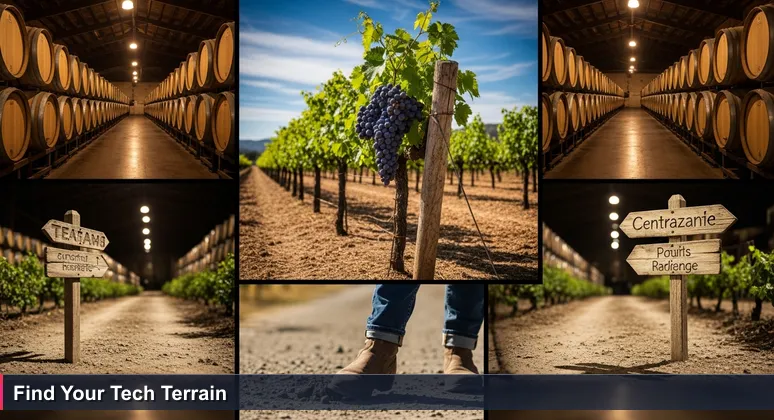 A Central Coast vineyard maze with a fork in the path, symbolizing job choices for junior developers in Santa Maria tech startups.
